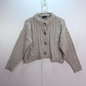 RD Style Cable Knit Cropped Cardigan Sweater Gray Size S